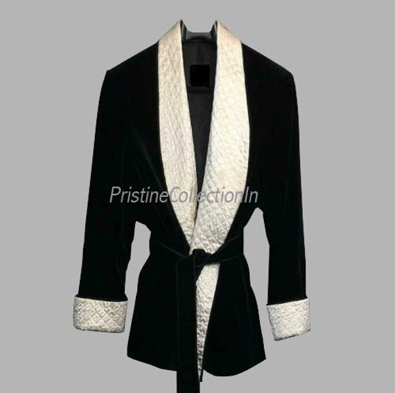 Men’s Black Velvet Smoking Robes Jackets For Elegant Evening Party Wear  Jackets Quilted Robes De Chambre Smoking Jackets Coat Vintage Style