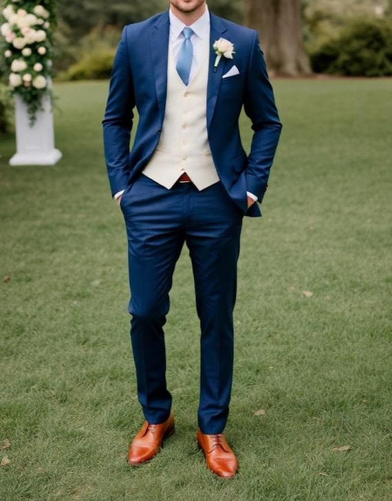 Blue Slim Fit Three Piece Suit - Groom Wedding Wear