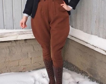 Pantalones de montar ingleses vintage steampunk para mujer, color marrón quemado, pantalones piratas de los años 30.