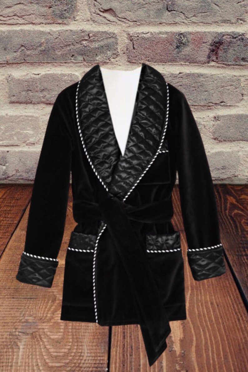 Mens Black Velvet Robe Quilted Silk Dressing Gown Smoking Etsy