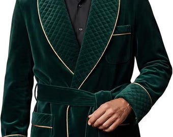 Men’s Emerald Green Velvet Smoking Jacket, Tassel  Quilted Lapel Cuff Coats