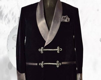 Mens Black Velvet Smoking Jacket, Double Breasted Tuxedo Coat