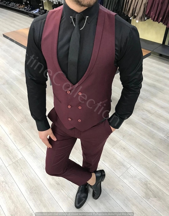 Burgundy Italian tailored fit 3 piece suit for men - Ottavio