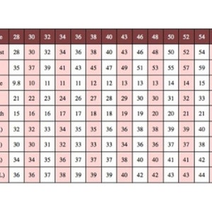 May include: A chart showing pants sizes and corresponding measurements for waist, hips, front rise, thigh, hem width, and inseam in inches.