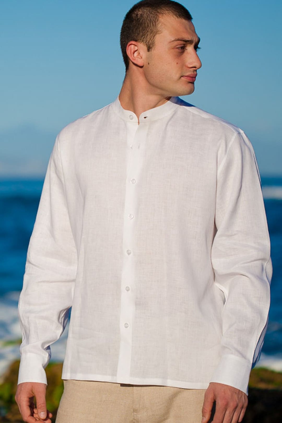 Linen Shirt Men, White, Mens Loose Fit, Long Sleeve, Button Up, Funeral ...