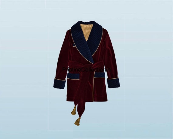 Mens Smoking Jacket Maroon Velvet Smoking Jackets Quilted Smoking Robe Coat Christmas Party Smoking Jacket Dinner Party Wear Smoking Coat