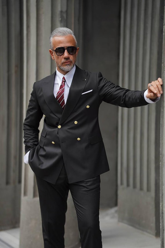 男性用ダブルブレスト ブラック 2 ピース スーツ。結婚式、ディナー