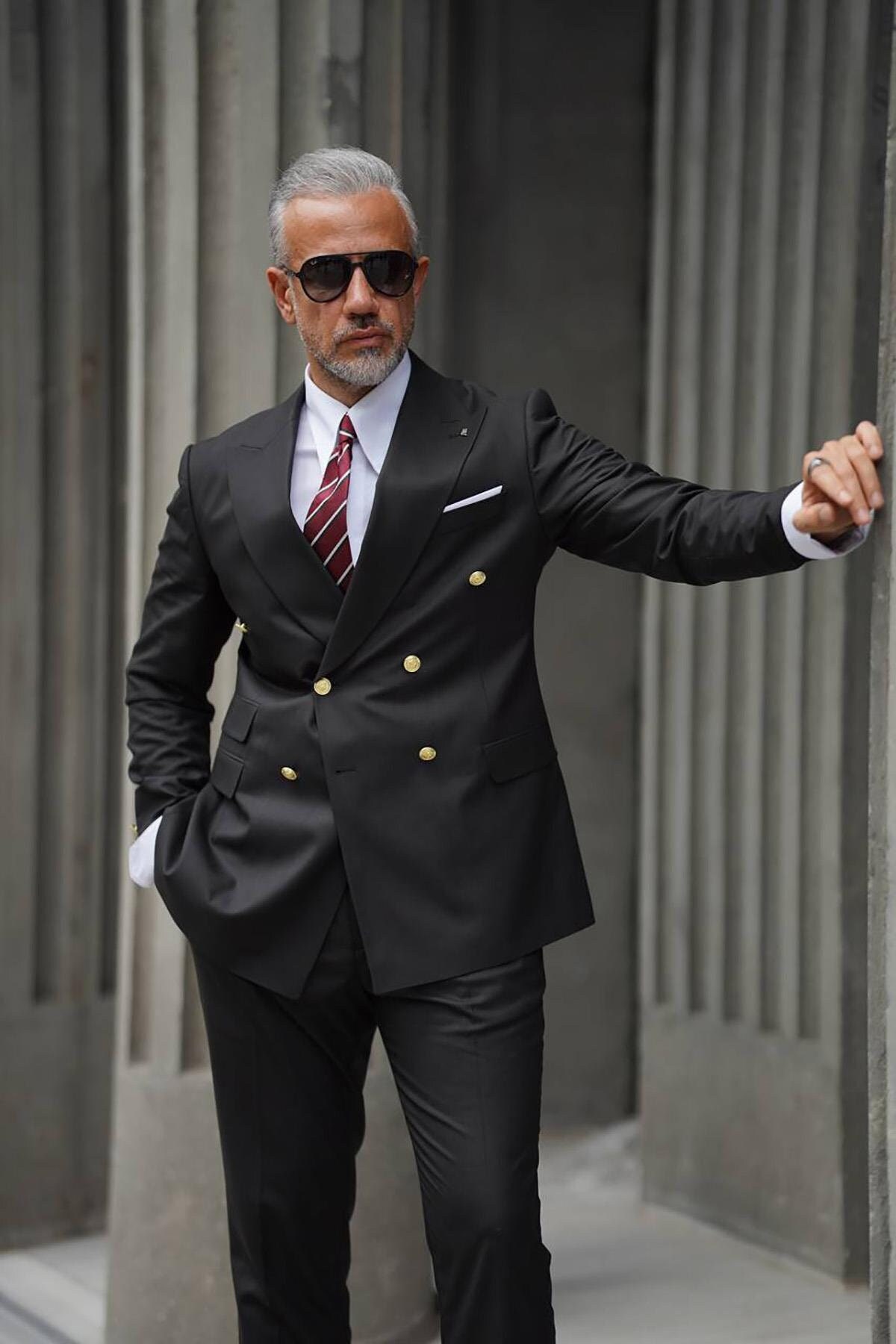 HUSBANDS ダブルブレスト ブラックスーツ 男性用ダブルブレスト ブラック 2 ピース スーツ。結婚式、ディナー