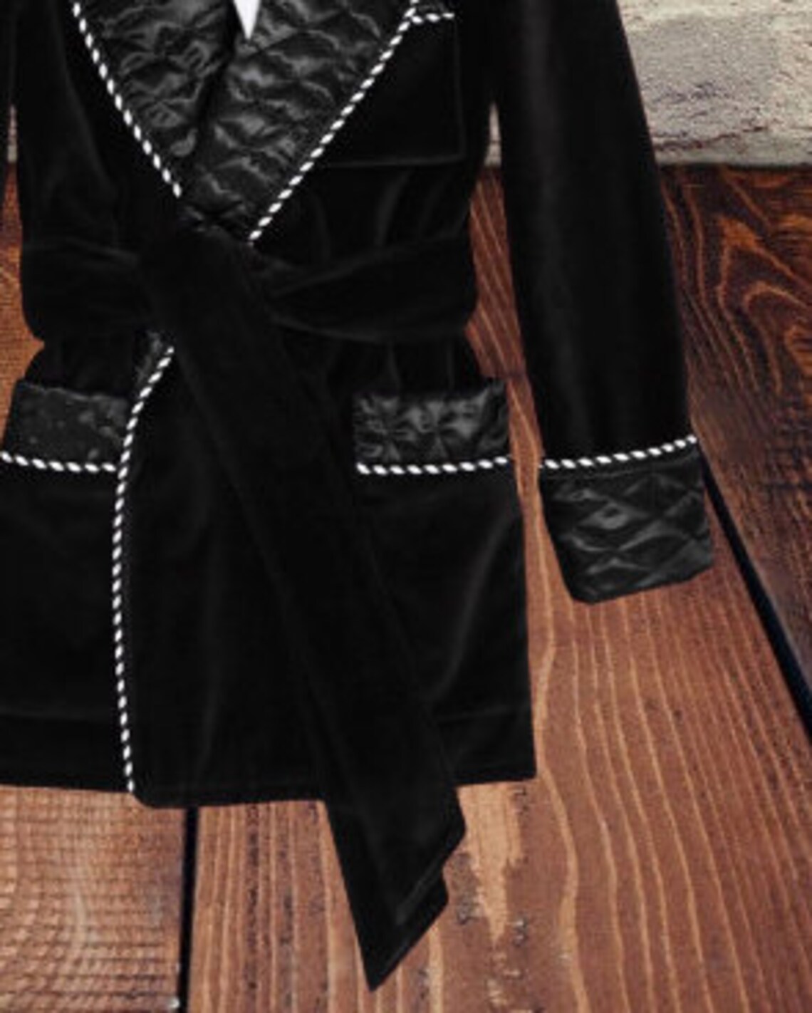 Mens Black Velvet Robe Quilted Silk Dressing Gown Smoking Etsy