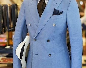 Mens Sky Blue Linen Blazer, Double Breasted Formal Jacket