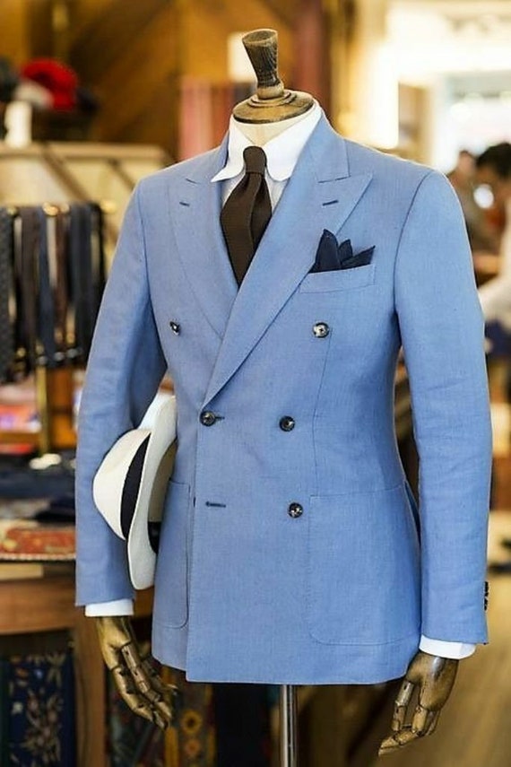 Mens Sky Blue Linen Blazer Double Breasted Jacket Formal Party 