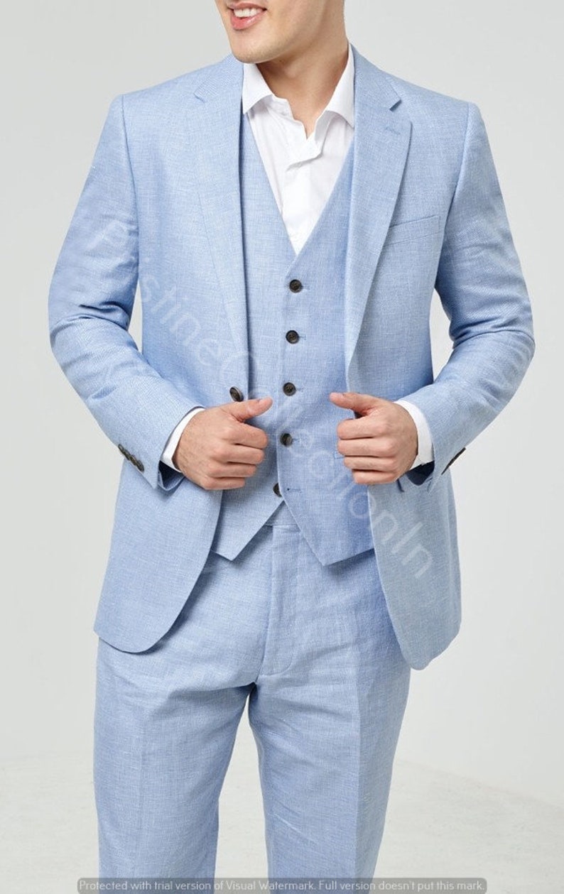 Mens Elegant Groomsmen Light Blue Linen Suits Wedding