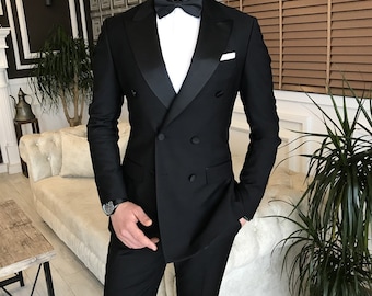 Men's Black Double Breasted Suit, Slim Fit Party Wear