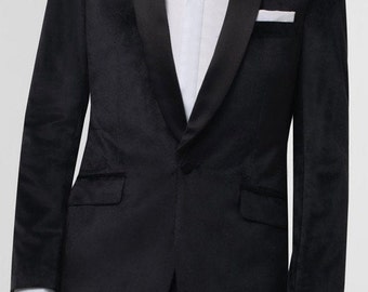 Blazer da uomo in velluto nero, revers in raso, giacca da sera