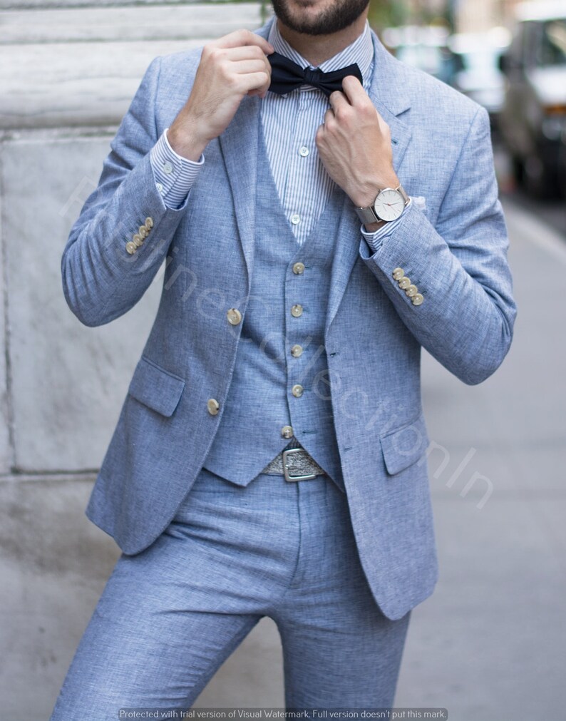 Mens Navy Blue Linen Suits Slim Fit 3 Piece Summer Suit for Etsy