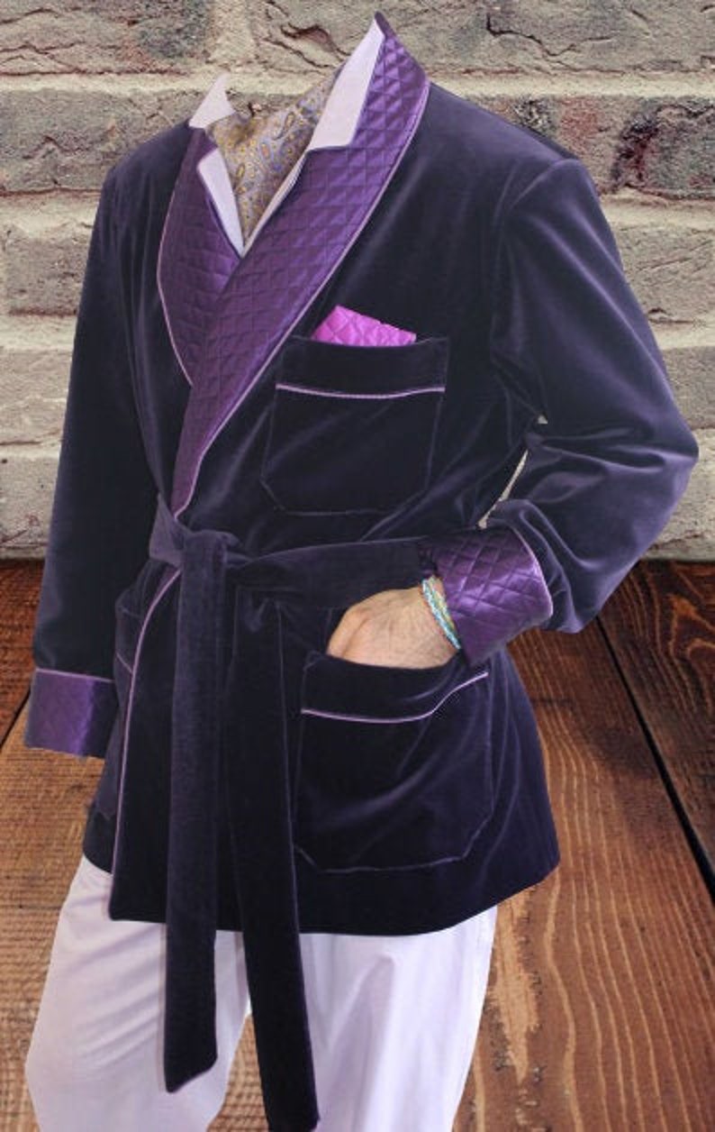 Mens Vintage Robes Purple Smoking Jacket Quilted Lapel Cuff Etsy