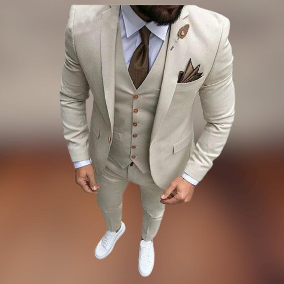 Mens Beige 2 Piece Suit One Button Elegant Evening Party Wear Dinner Coat  Pants