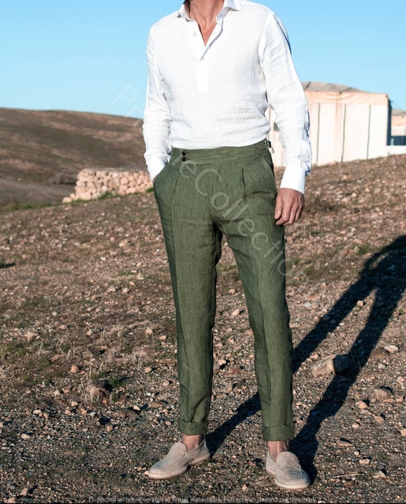 Mens Green Linen Trousers and Long Sleeve White Cotton Shirt Formal  Clothing Outfit Set Vacation Holiday Ankle Length Trousers & Shirts Set 