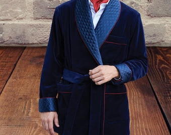 Blue Velvet Smoking Jacket, Quilted Lapel, Vintage Style Robe