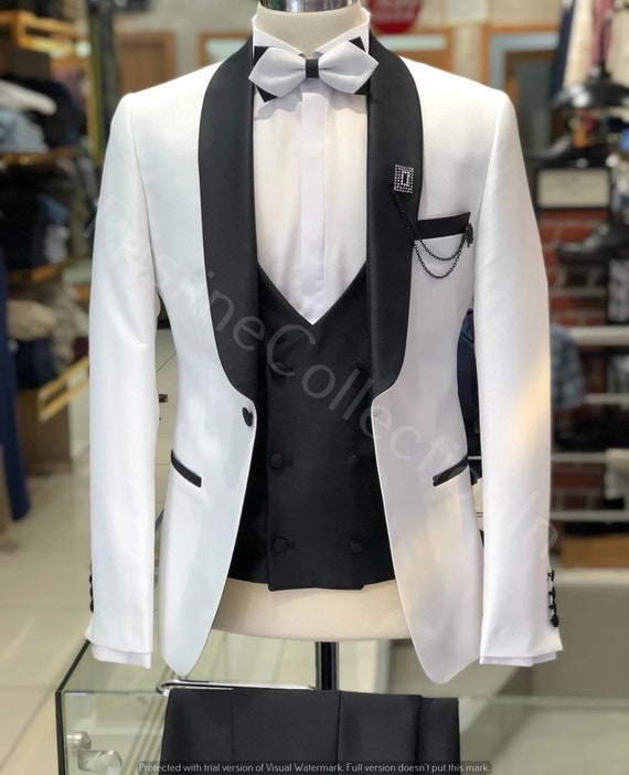 Mens White Tuxedo Jacket With Black Pant Vest Coat Perfect Etsy