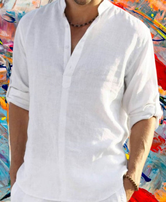 Camisa de lino blanca para hombre Fiesta de boda playa - Etsy México