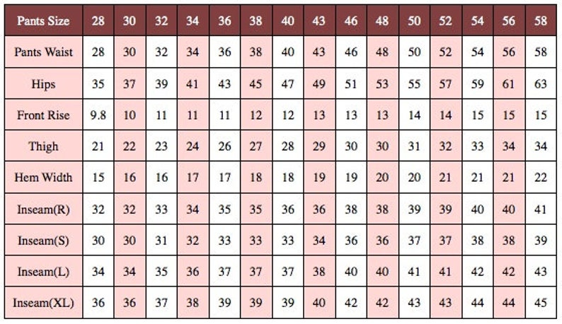 May include: A chart showing pants size measurements in inches for waist, hips, front rise, thigh, hem width, and inseam. The chart includes sizes 28 to 58.