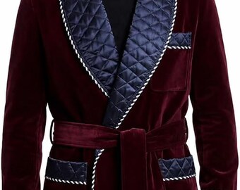 Men’s Burgundy Velvet Smoking Jacket, Quilted Lapel Cuff Coats