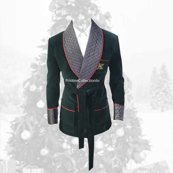Herren Hausjacke aus grünem Samt: Gestepptes Revers, englische Gentleman Robe
