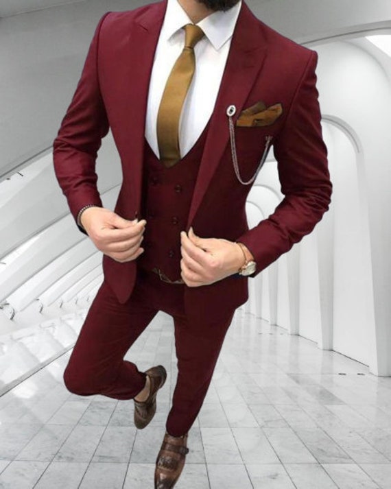 Men Burgundy 3 Piece Suit Formal Fashion Elegant Slim Fit One | Etsy