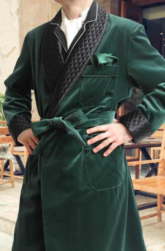 Mens Long Robes Green Smoking Jacket Evening Wear Black Satin 