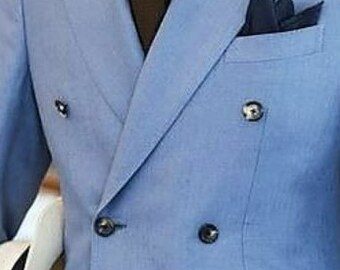 Mens Sky Blue Linen Blazer Double Breasted Jacket Formal Party