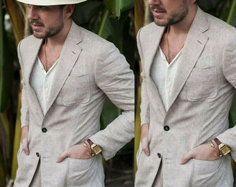 Beige Linen Suit, Two-Button Wedding Suit, Groom Wear