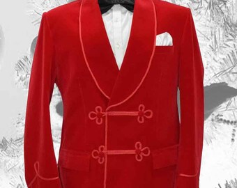 Red Velvet Smoking Jacket, Elegant Tuxedo Coat