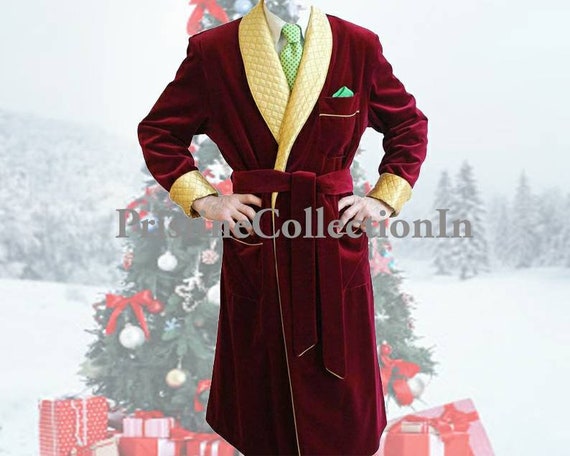 Mens Burgundy Velvet Shawl Lapel Dressing Gown, Long Robe