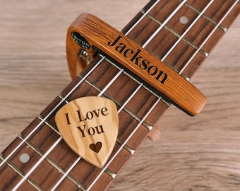 Personalized Metal Guitar Capo, Guitar Pick, Custom Message, Valentines Gift, Birthday Gift, Christmas Gift for Guitarists, Musician Gift