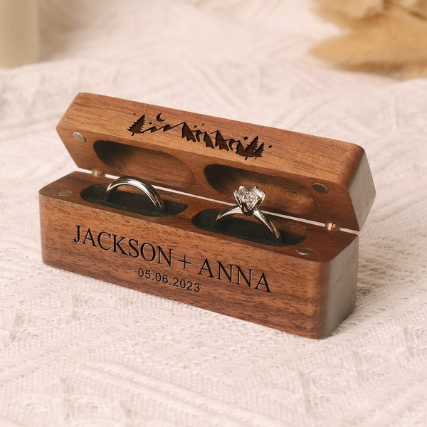 Coffret pour alliances double en bois personnalisé, Coffret porte alliances, Porte bague de fiançailles, Boîte à bagues pour proposition, Cérémonie de mariage rustique moderne