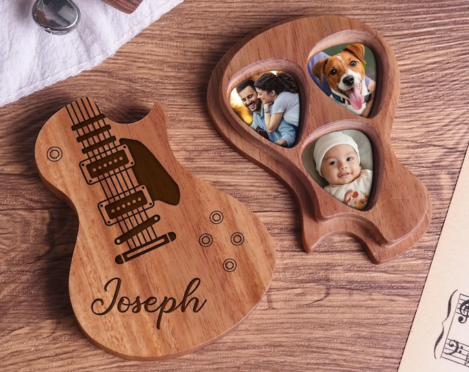 Personalized Wooden Guitar Picks with Case, Custom Photo Guitar Pick, Holder for Picks, Musicians Player, Father's Day Birthday Gift Idea