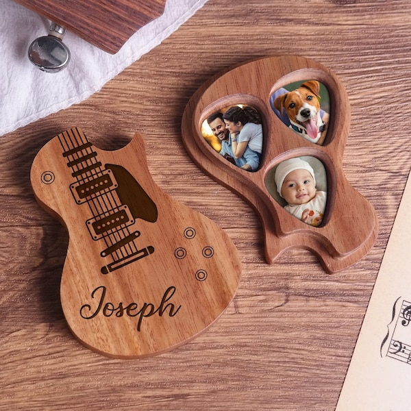 Personalized Wooden Guitar Picks with Case, Custom Photo Guitar Pick, Holder for Picks, Musicians Player, Father's Day Birthday Gift Idea