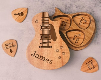 Houten plectrumkoffer, aangepaste plectrumhouder, gepersonaliseerde gitaarplectrumbox voor geschenken voor gitaristen, cadeau voor papa, Vaderdag