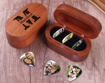 May include: A wooden box with a personalized initial and name, "Matthew", engraved on the lid. The box contains four guitar picks with custom photos printed on them.