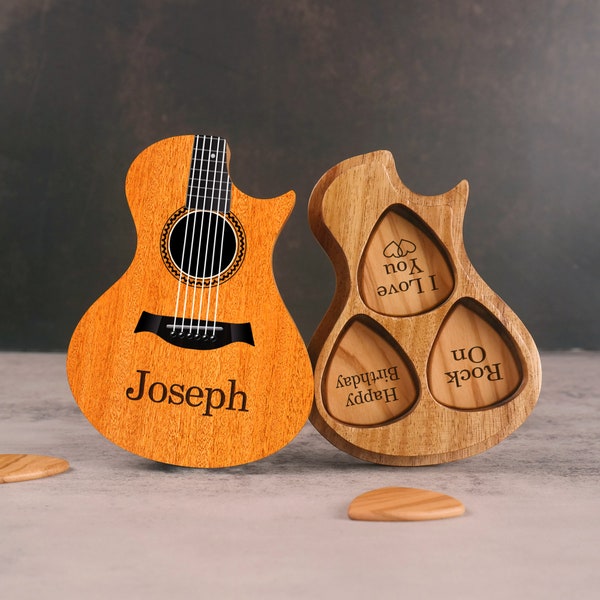 Support de médiator en bois, étui personnalisé pour médiator, cadeaux pour guitariste, boîte de kit de médiator, idée cadeau d'anniversaire pour la fête des pères