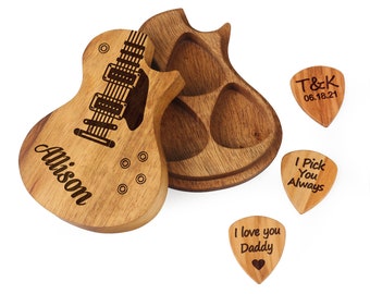 Personalized Wooden Guitar Picks with Case, Custom Guitar Pick Kit, Holder Box for Picks, Musicians Player, Father's Day Birthday Gift Idea