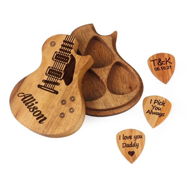 Personalized Wooden Guitar Picks with Case, Custom Guitar Pick Kit, Holder Box for Picks, Musicians Player, Father's Day Birthday Gift Idea
