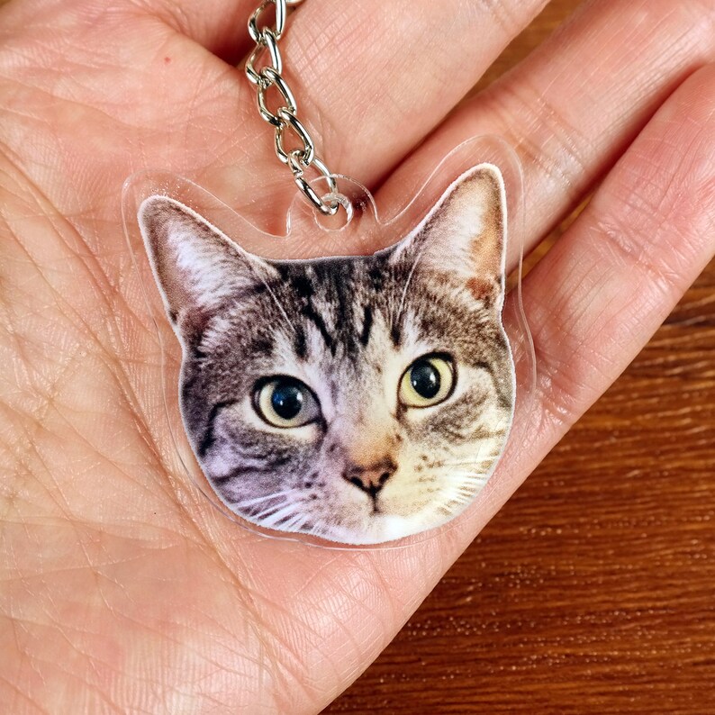 May include: A clear plastic keychain featuring a close-up photo of a tabby cat's face. The cat has green eyes and a white patch on its nose.