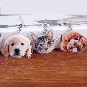 May include: Three keychains featuring clear plastic charms with images of a golden retriever puppy, a tabby cat, and a brown poodle puppy. The keychains are on a wooden surface.
