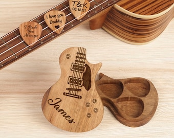 Púas de guitarra de madera personalizadas con estuche, kit de selección de guitarra personalizado, caja de soporte para púas, reproductor de músicos, idea de regalo de cumpleaños del día del padre