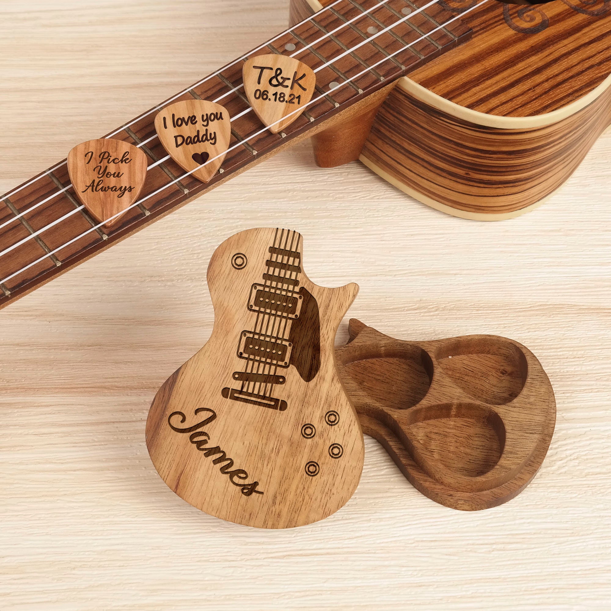 Wooden guitar picks and case deals