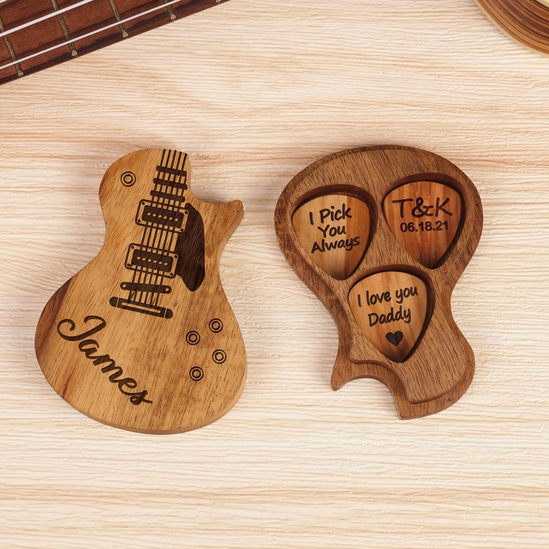 Personalized Wooden Guitar Picks with Case, Custom Guitar Pick Kit, Holder Box for Picks, Musicians Player, Father's Day Birthday Gift Idea image 3