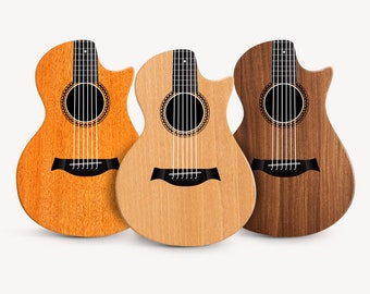 May include: Three acoustic guitars in different wood finishes: natural, brown, and a darker wood. Each guitar has a black pickguard and black tuning pegs.