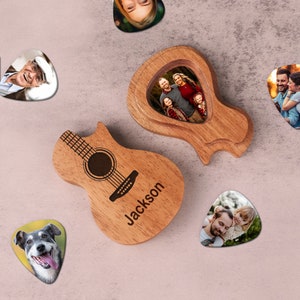 Gepersonaliseerde houten plectrums koffer, aangepaste foto plectrum houder, gitarist geschenken, vaderdag verjaardagscadeau idee